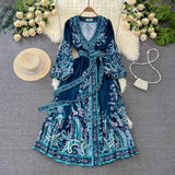 Court Lantern Long Sleeve V-Neck Belt With A Word Print Dress Elegant Swing Dress