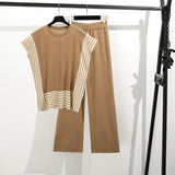 Simple Splicing Loose Short-Sleeved Knitting Top High Waist Thin Leg Pants Two