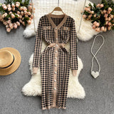 Women Elastic Knitted Dress Long Sleeve O Neck Button Belt Slim Sheath Dresses Autumn Sexy Bodycon Split Short