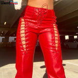 Puss Faux PU Y2K High Waist Pants Women Chic Hollow Out Bandage Sexy Summer Trend Leather Club Trousers Slim