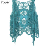 Hippie Froral Patch Design Vest Retro Vintage Crochet Summer Beach Cover Up Top Asymmetric Open Stitch Kimono