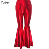 PU Leather Pleated Flare Skinny Pants Women High Waist Streetwear Bell Bottom Trousers Korean Club Black Red Blue