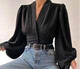 Explosion Spring New Temperament Button V-Neck Lantern Sleeve