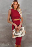 Elegant O-Neck Sleeveless Solid Hollow Out Slit Midi