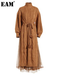 Women Camel Bandage Hem Slit Long Knitting Casual Dress New Turtleneck Long Sleeve Fashion Tide Spring Autumn 2023