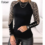 for Women Top Cheetah Print Button Decor Long Sleeve & Autumn Europe and America Skinny Fashion T-shirt Casual Chic