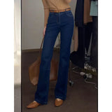 Girls Blue High Waist Microhorn Jeans Women's Autumn Edition Thin Straight Horseshoe Long