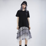 Elegant Striped Mesh Patchwork Women Dress O Neck Short Sleeve Asymmetrical Hit Color Dresses Female Fashion