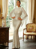 O Neck Sequin Evening Dresses Long 2023 New Women Mermaid Formal Dress Party Gown Bodycon Maxi Prom Bat Sleeves