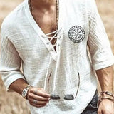Viking Pirate Medieval Cosplay Halloween Costume Men Shirt V Neck Lace Up Vintage Shirt Half Sleeve Linen Blouse