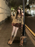 Brown V-neck Letter Print Oversize Sweater-Outfit