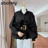 Ruffle Ruched Shirt For Women Stand Collar Lantern Sleeve Sashes Casual Blouse Female Fashion Tide