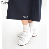 Women Corduroy Skirt 2023 Spring A Line Elastic Waist Loose Split Hem Embroidery Navy Chic Casual Streetwear Midi