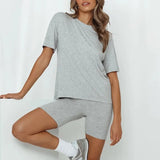 New Solid 2 Piece Set Women Summer Batwing Sleeve Casual Sports T Shirt+Bodycon Biker Shorts Set Tracksuit Sportswear
