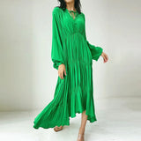 TWOTWINSTYLE Casual Green Long Dresses Female V Neck Lantern Sleeve Lace Up High Waist Loose Dresses Female Fashion 2022