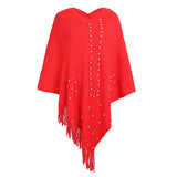Autumn Winter Long Fringe Poncho Women Sweater Oversized V-Neck Jumper Knitwear Holiday Vintage Cape Batwing Sleeve