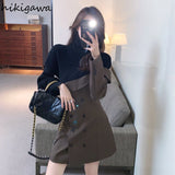 Vestidos De Mujer Fashion Korean Dresses Women Patchwork Knit Irregular Hollow Out Dress Turtleneck Temperament Robe