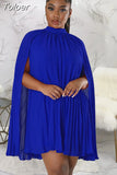 Fashion Solid Women Pleated Chiffon Dress Sexy Mock Necked Cloak Sleeve Robe Femme Classic Loose Party Clubwear