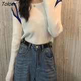 Designer Knitted Hollow Out Sweater Women 2023 Long Sleeved Short Pullover Woman Round Neck Elastic Cropped Tops