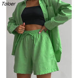 High Street Cotton Linen Shorts 2 Pieces Sets Summer Long Sleeve Shirt Women Tracksuit Elastic Waist Shorts Suits
