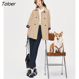 Women Trench Coat 2022 Autumn Long Sleeve Plaid Cuffs Turndown Collar Windbreaker Solid Mid Length Classic