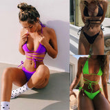 Toloer Hot Style Women's Split Swimsuit New Pure Color Bikini Hot Selling Splicing Hanging Neck Bikini Hot-Outfit