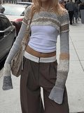 Super Crop Long Sleeve Striped Crochet Knit Top-Outfit