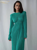 Gifts Fashion O-Neck Green Office Women'S Dress 2022 Elegant Long Sleeve Pleated Midi Dresses Casual Slim Black Female