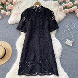 Straight Summer Women Lace Dress 2022 Zipper Sexy Hollow Out Slim Vacation Ladies French Style Midi
