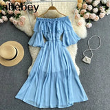 Women Off Shoulder Solid Dress Sexy Slash Neck Short Sleeve A-line Ruched Dresses Summer Bohemian Beach