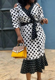 White and Black Polka Dot Cut Out Shoulder Mermaid Midi