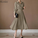 Pleated Fashion Elegant Work OL Party Casual Vestidos Shirtdress Vintage Dresses ZANZEA Women Spring Sleeved A-line Lapel
