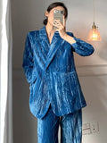 Wide Leg Pants Two Piece Suit New Notched Collar Long Sleeve Blue Loose Fit Women Fashion Tide Spring Autumn 2023