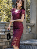 Women Evening Dress Casual Sexy Lace Sheer Floral Hollow V-Neck Short Sleeve Skinny Slim Party Club Vestido Mujer