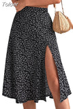 Women Summer Green Boho Midi Skirts Elegant Split Thigh Print Long Length High Waist Slit A Line Korean Fashion
