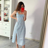party Ditsy Floral Ruched Bust Knot Front Split Thigh Cami Dress Womens Summer Print Street Style Sleeveless Dress Robe