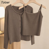 Sling Camisole Knitted Cardigan Jacket Women Korean Fashion Basic Vest+long Sleeve Top Solid 2 Piece Set Sweater