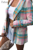 Women Blazers Notched Collar Plaid Coat Pocket Outerwear Long Sleeve Korean Fashion Loose Jackets Spring Office Lady