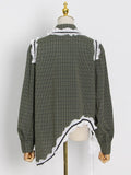 Patchwork Gingham Shirt For Women Lapel Long Sleeve Colorblock Button Through Blouse Female Fashion Clothing