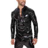Toloer Men's PU Mirror Bright Leather Long Sleeve Casual Coat Black Slim Strap Stand-Up Collar Leather Jacket-Outfit