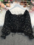 New Spring Sweet All-match square collar Lantern Sleeve Lace lace bandage waist slim short Shirt