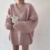 Solid Color V-Neck Oversized Sweater-Outfit