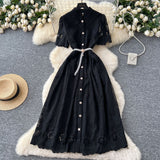 Summer Women's Dress Small High-End Embroidery Single Buckle Waist Elegant Knee Long