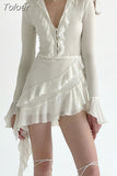 Sexy Ruffle A-line Chiffon Mini Dress White Coquette Chic and elegant Flare Long Sleeve Slim Dresses Holiday Party