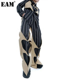 High Waist Khaki Striped Hollow Out Long Wide Leg Trousers New Loose Fit Pants Women Fashion Spring Autumn 2023