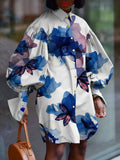 Print Colorblock Shirt For Women Lapel Collar Lantern Sleeve Button Through Blouse Female Korean Fashion Clothing