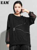 Women Black Zippper Mesh Spliced Big Size T-shirt New Round Neck Long Sleeve Fashion Tide Spring Autumn 2023