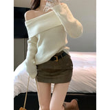 Winter Off Shoulder Elegant Knitted Sweater Women Slim Tassels Pullover Office Lady Korean Fashion Y2k Crop Tops
