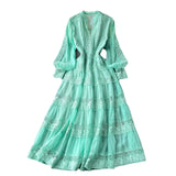Retro V-Neck Lace To Receive Waist Long Sleeve Dress Female Thin High Sense Elegant Long