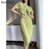 2022 Summer Short Sleeve Bodycon Green Dress Women Elegant Sexy Fold Slim Waist Mermaid Midi Dress 100% Cotton